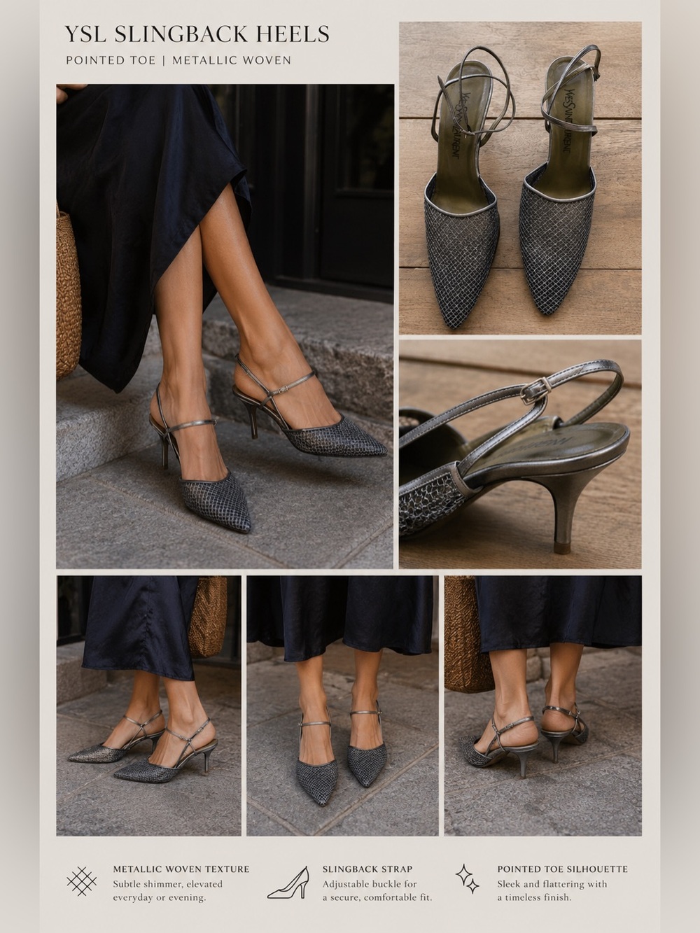 Vintage Yves Saint Laurent Metallic Silver Mesh Pointed-Toe Heels